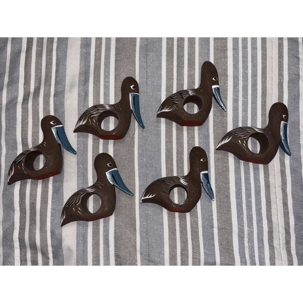 6 Pelican Napkin Ring Holders Wood Hand Carved Beach Bird Coastal Nautical